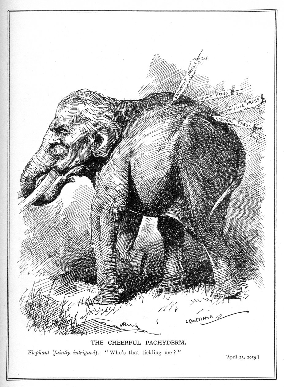 Lloyd George, portrætteret som en elefant, er ikke opmærksom på pressekritik, april, 1919 af Leonard Raven Hill