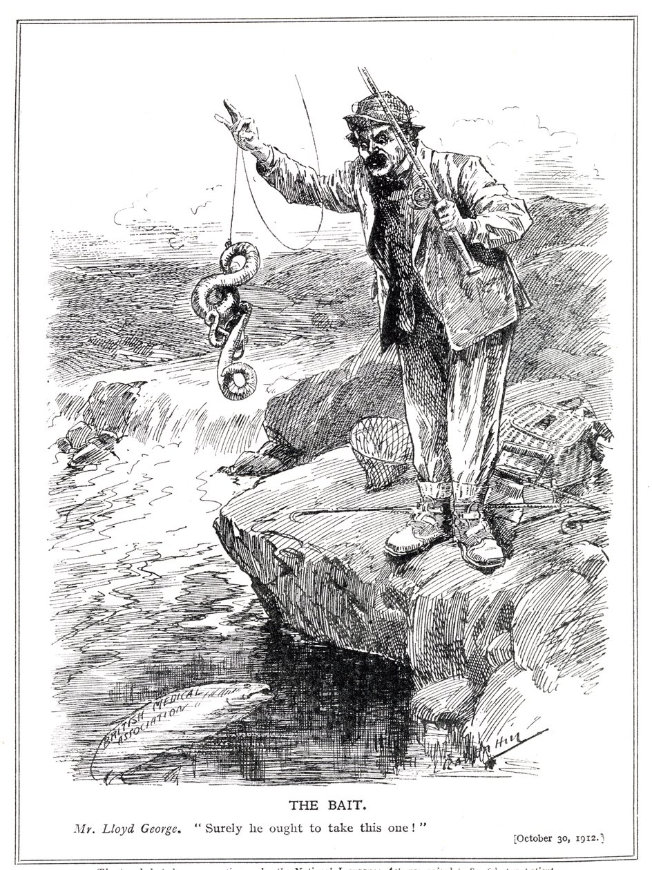 Lloyd George forsøger at vinde lægevidenskaben til at godkende sin lov om national forsikring, 1912 af Leonard Raven Hill
