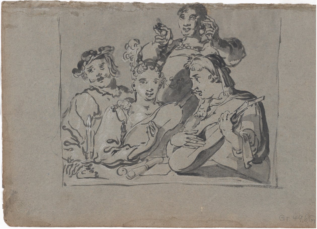En kvartet af sangere, lutspillere og klokkespillere, der spiller i et værtshus ved levende lys, 1620-1628. af Leonard Bramer