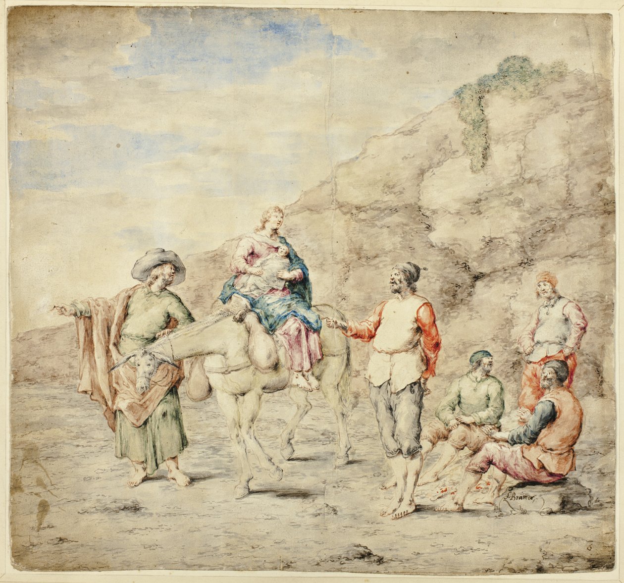 Hellig familie passerer fire mænd af Leonard Bramer