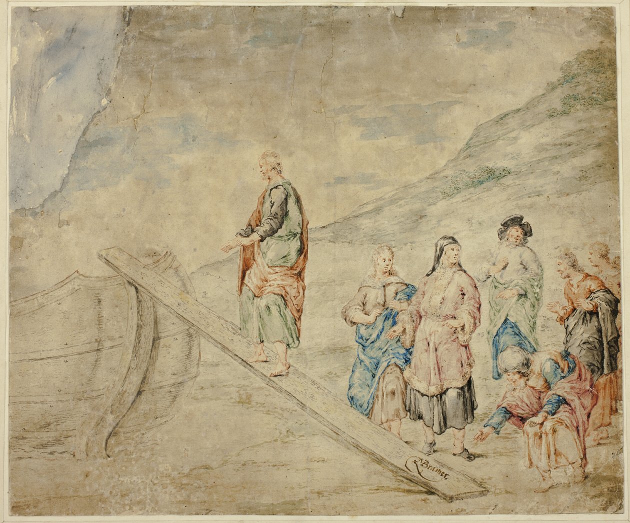 Mand monterer planke til båd af Leonard Bramer