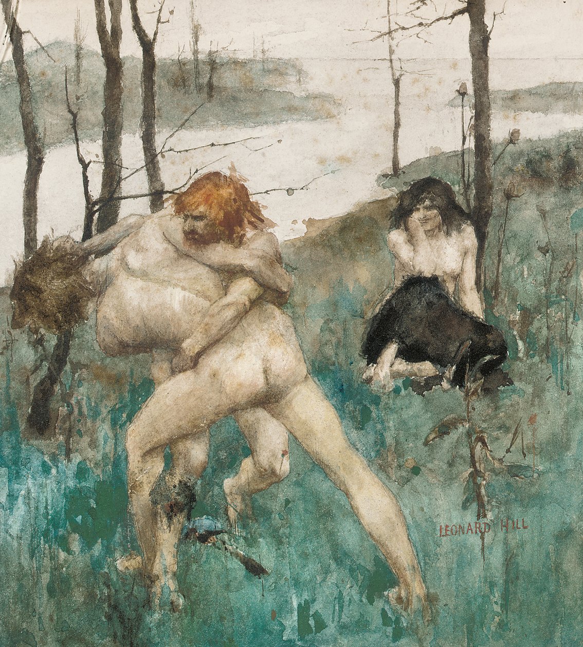 Defending her Honor (blyant og akvarel på papir) af Leonard Erskine Hill