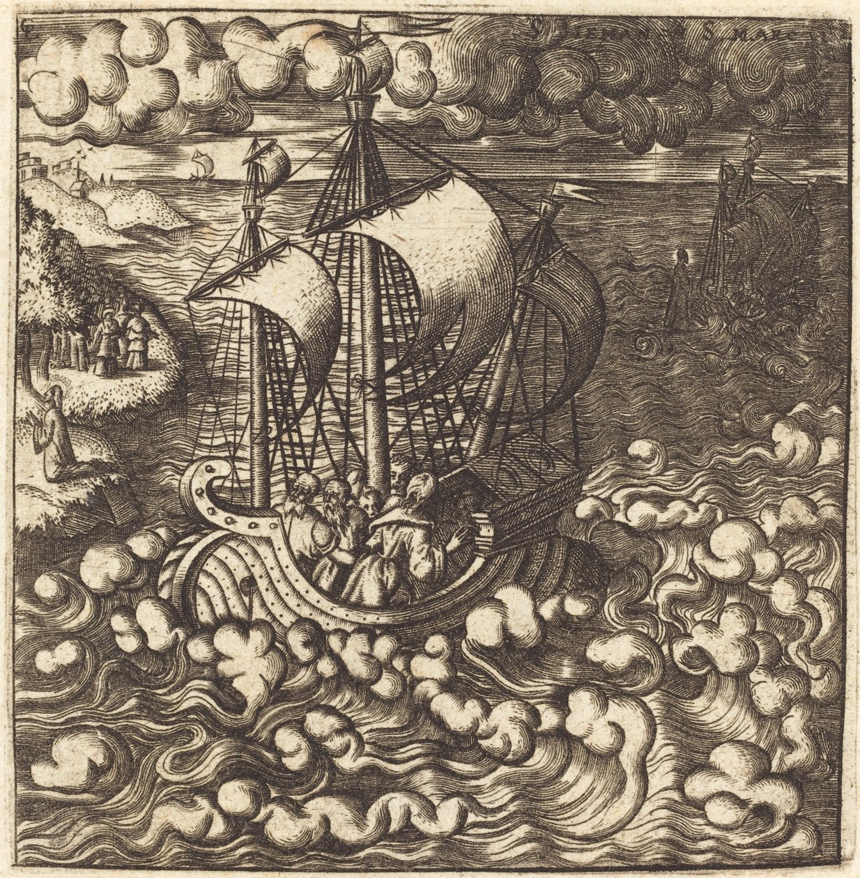 Kristus beder, mens hans disciple er i en båd på et blæsende hav af Leonard Gaultier