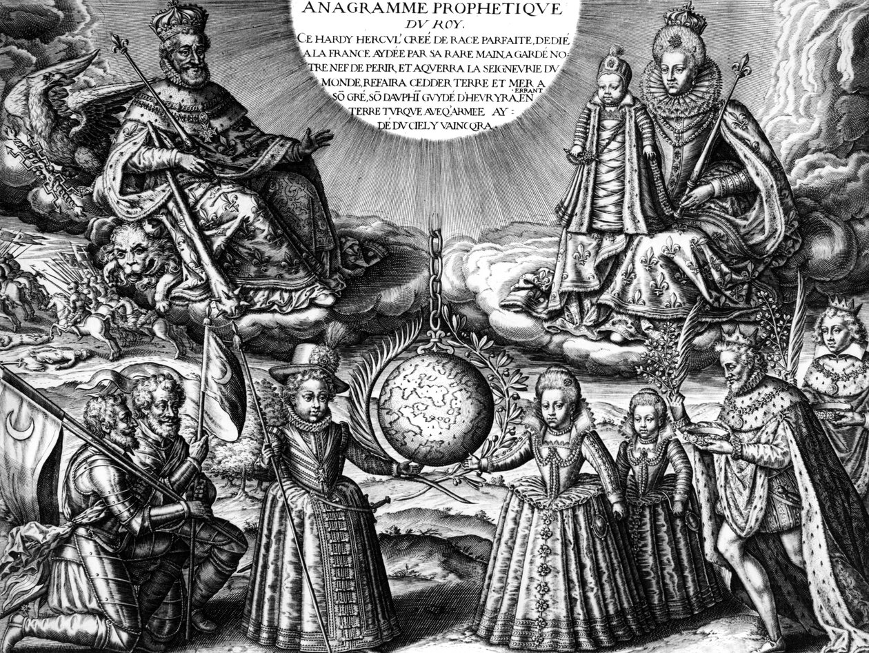 Fransk kongefamilie i 1607 (propaganda): Den franske kong Henri IV og hans hustru dronning Marie de Medicis holder deres datter Christine ; nederst : deres andre børn : fremtiden Ludvig XIII, Elisabeth og Henriette-Marie. På r : kongen fulgte af hans syge af Leonard Gaultier