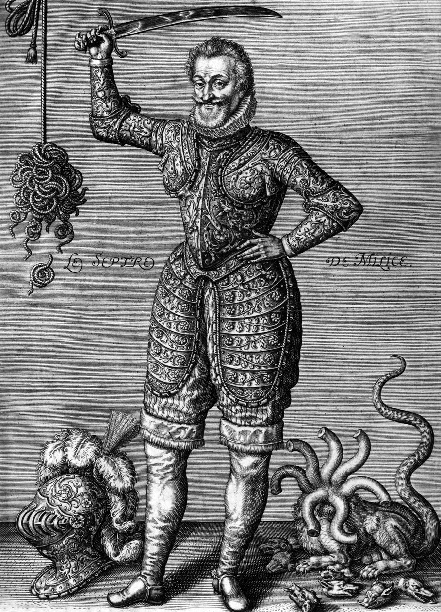 Henri IV (1553-1610) fransk konge i 1589-1610, her iført en rustning, med et sværd, som en retretter af uret, gravering af Leonard Gaultier af Leonard Gaultier