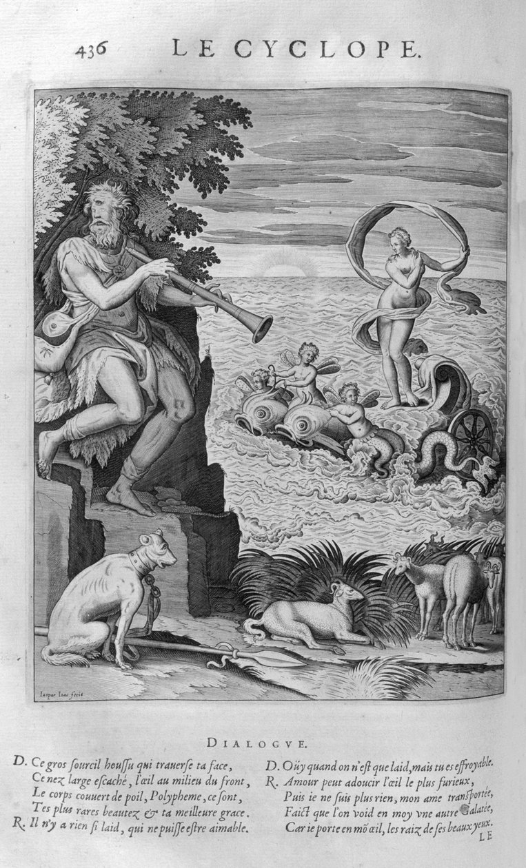 Polyphemus, den gigantiske søn af Poseidon og Thoosa i græsk mytologi, en af cykloperne beskrevet i Odysseen af Leonard Gaultier