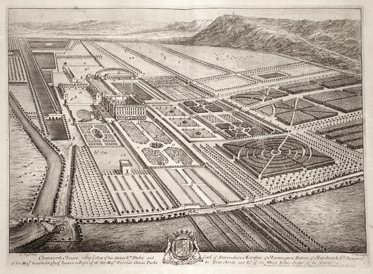 Chatsworth House, sæde for William Cavendish (1640-1707) 1. hertug af Devonshire, indgraveret af Johannes Kip (ca. 1652-1722) af Leonard Knyff