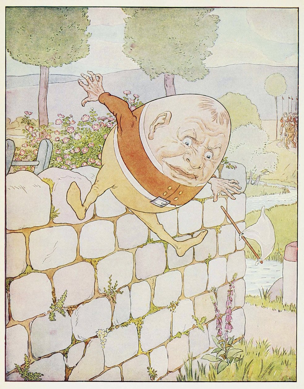 Humpty Dumpty havde et fantastisk efterår, fra A Nursery Rhyme Picture Book, pub. 1914 (farve litho) af Leonard Leslie Brooke