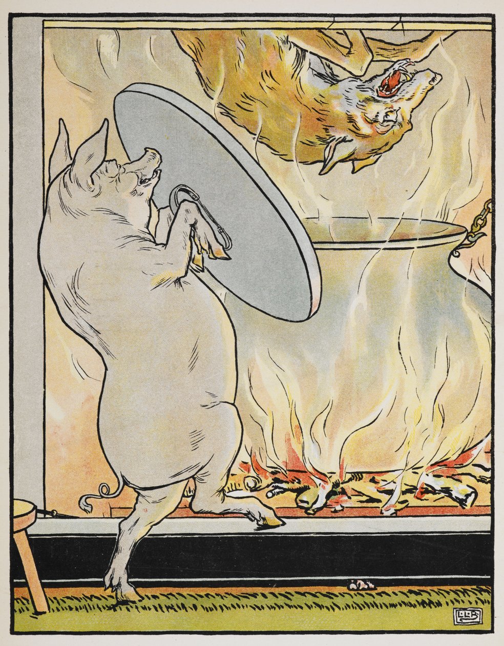 Illustration til fortællingen "De tre små grise" af Leonard Leslie Brooke
