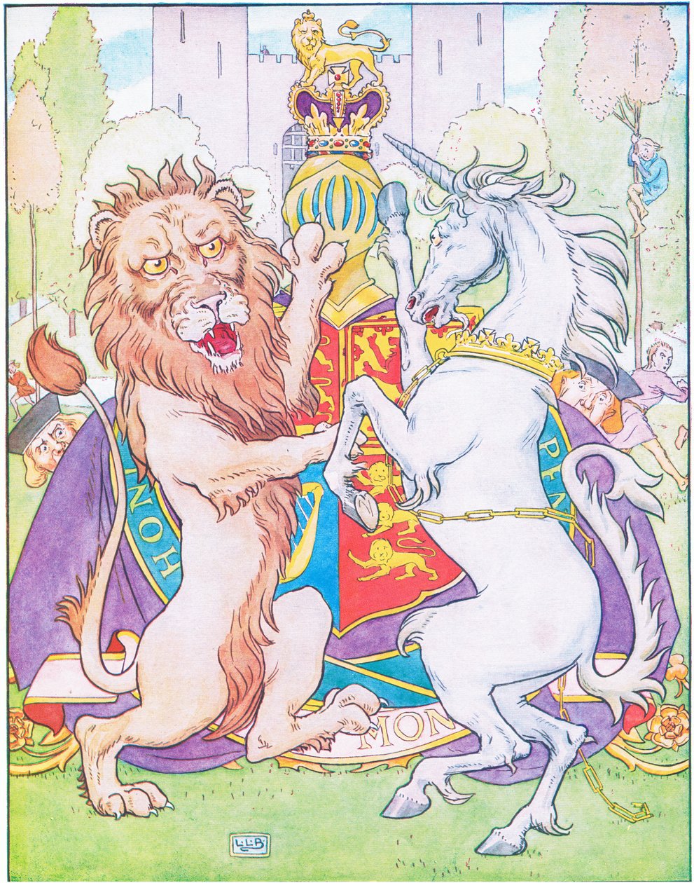 Løven og enhjørningen kæmpede om kronen (farve litho) af Leonard Leslie Brooke