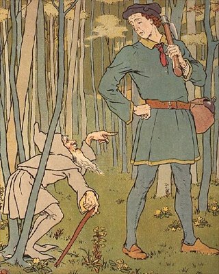 Vi mødte en lille gammel mand. Illustration fra Guldgåsen af Leonard Leslie Brooke