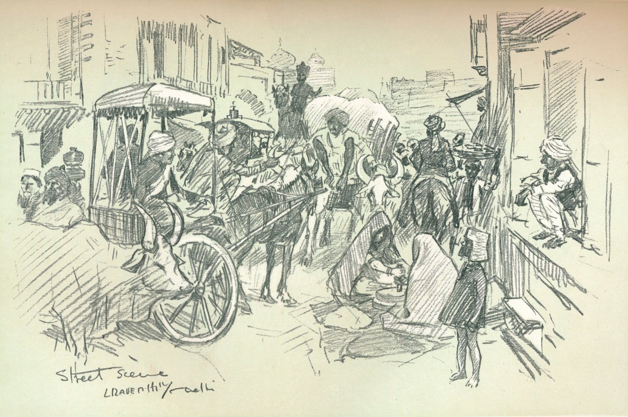 En gadescene i Delhi, c1903 af Leonard Raven Hill