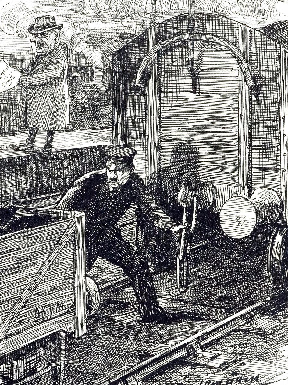 En tegneserie, der kommenterer jernbanearbejderes ulykker. Illustreret af Leonard Raven-Hill (1867-1942), en engelsk kunstner, illustrator og tegneserieskaber fra det 20. århundrede. af Leonard Raven Hill