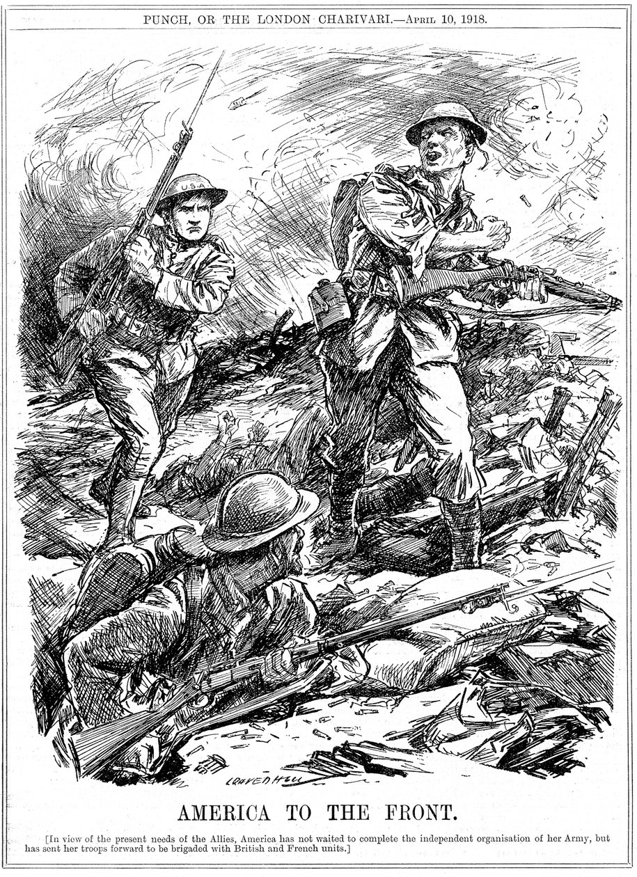 Amerikanske forstærkninger til at hjælpe de allierede tropper før den vigtigste amerikanske hær ankom, 1. verdenskrig, 1918 af Leonard Raven Hill