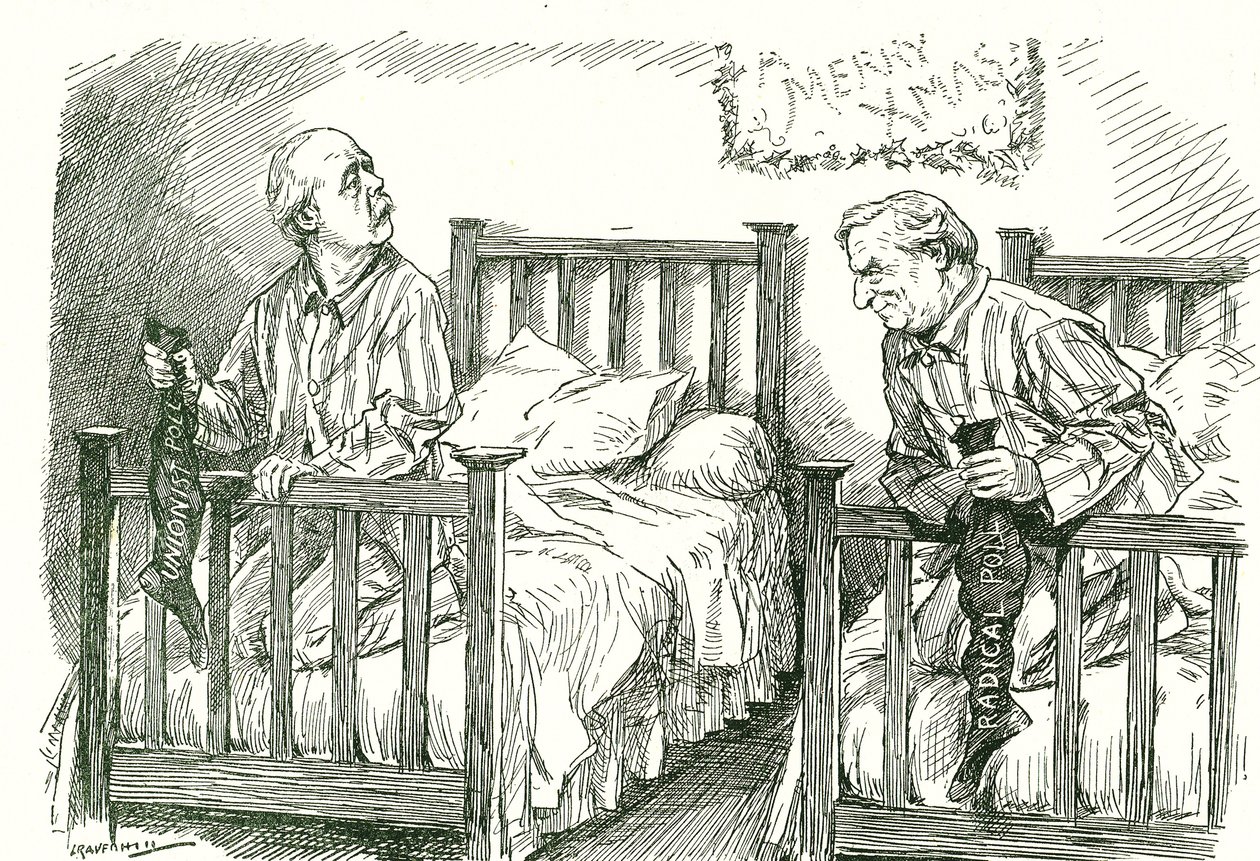 Arthur Balfour, konservativ, og Herbert Asquith, liberal, med deres julesokker. Ved parlamentsvalget i december 1910 havde ingen af dem et samlet flertal. Asquith var i stand til at danne en regering i koalition med Irish National Party. Leonard af Leonard Raven Hill