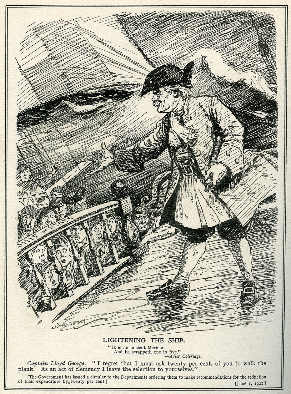 Regeringsdepartementer er instrueret af Lloyd George til at foretage nedskæringer i udgifterne på tyve procent, 1921 af Leonard Raven Hill