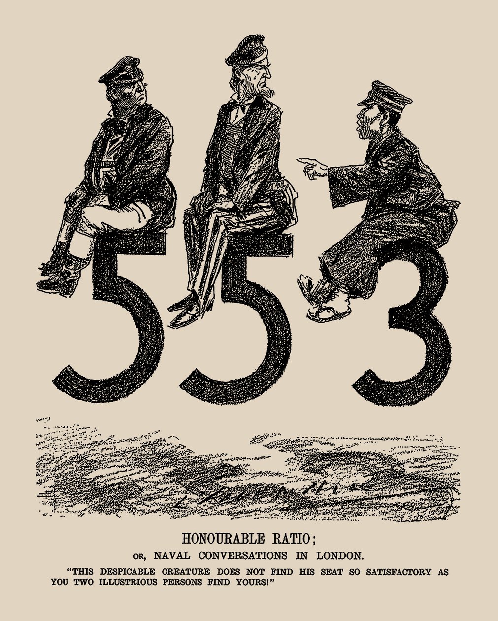 Hæderlige forhold eller flådesamtaler i London. Punch, 1934. af Leonard Raven Hill