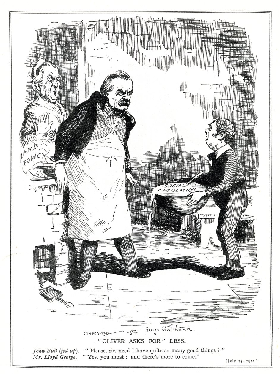 John Bull klager til Lloyd George over, at der er for meget reform i hans sociale lovgivning og jordpolitiske reformer, 1912 af Leonard Raven Hill