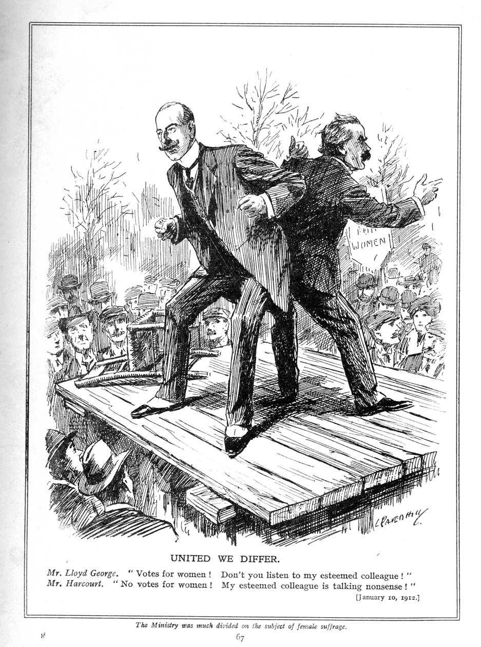 Lloyd George og Harcourt, begge ministre i den liberale regering, er uenige om at give stemmer til kvinder, 1910 af Leonard Raven Hill