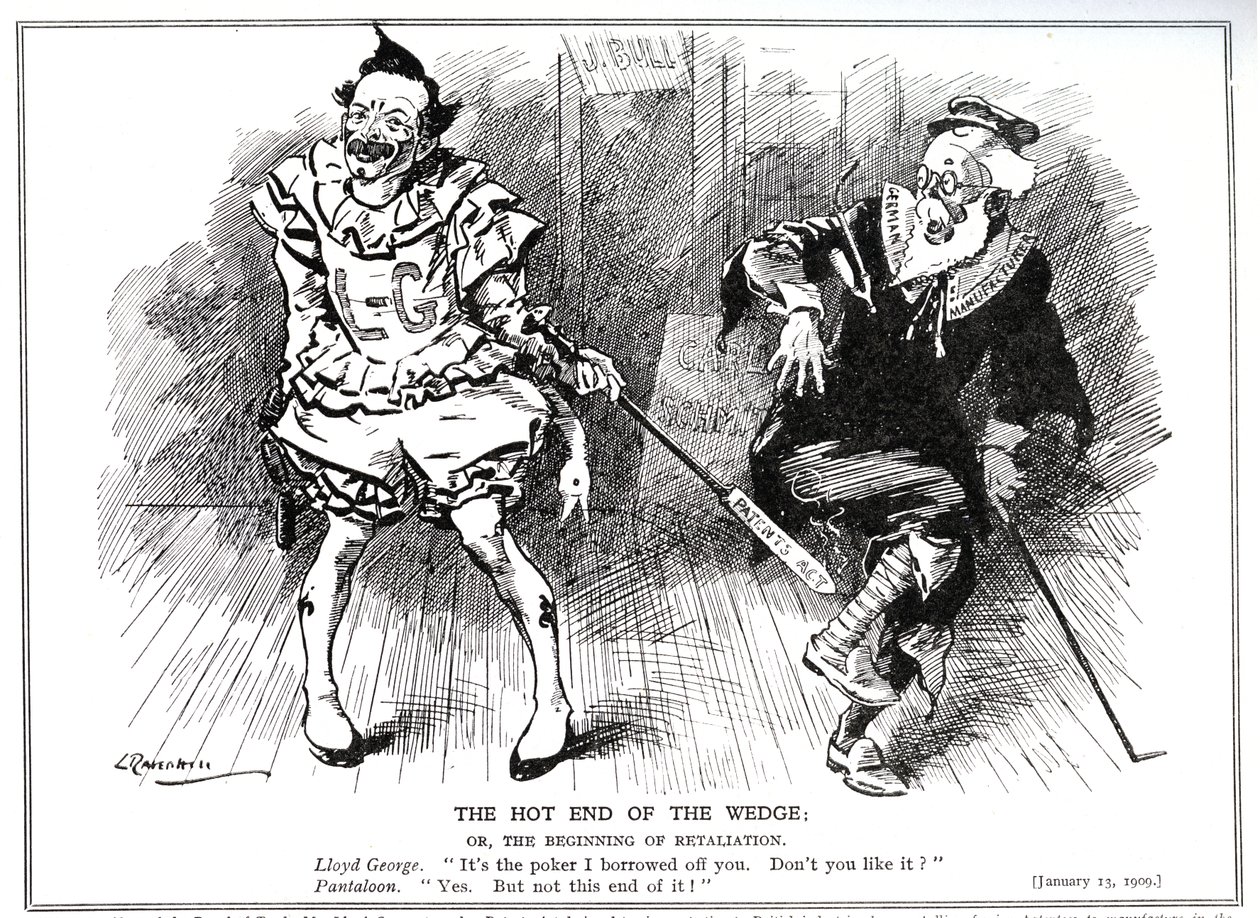 Lloyd George beskyttede som præsident for Board of Trade den britiske industri mod tysk konkurrence ved "Patents and Designs Act" af 1907, 1909 af Leonard Raven Hill