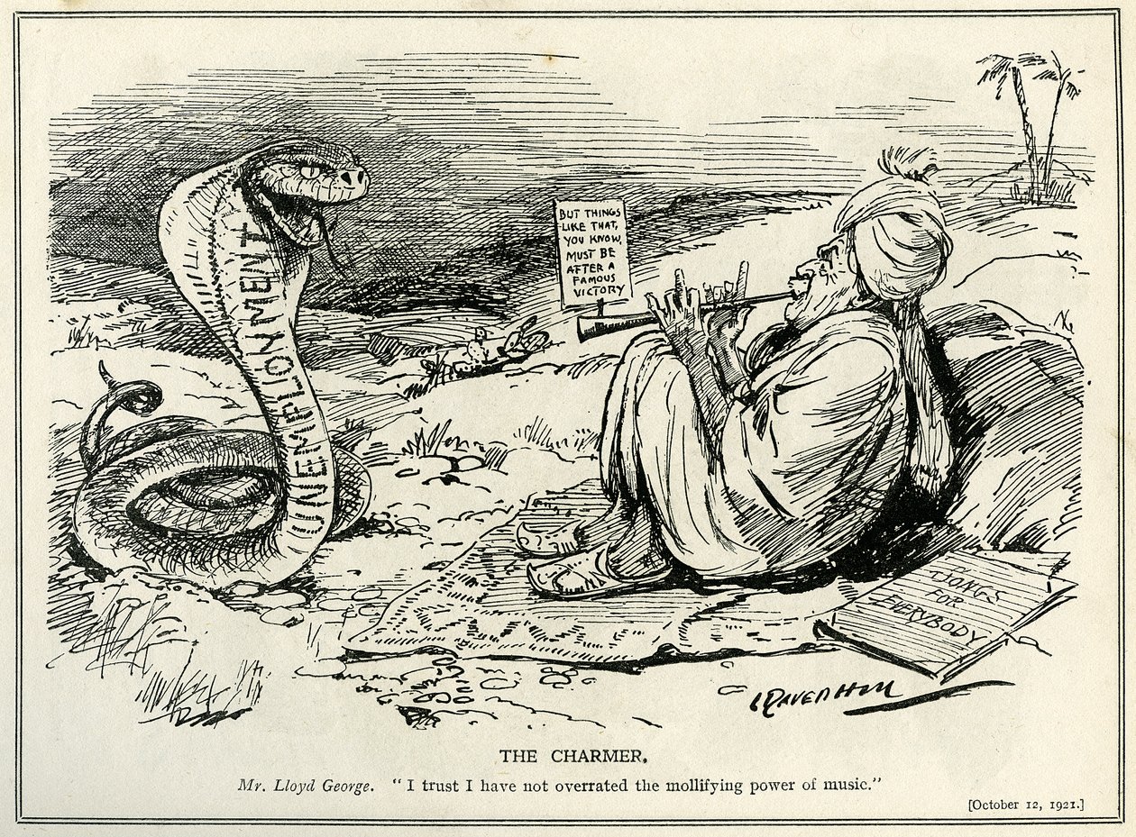 Lloyd George charmerer arbejdsløshedens slange, 1921 af Leonard Raven Hill