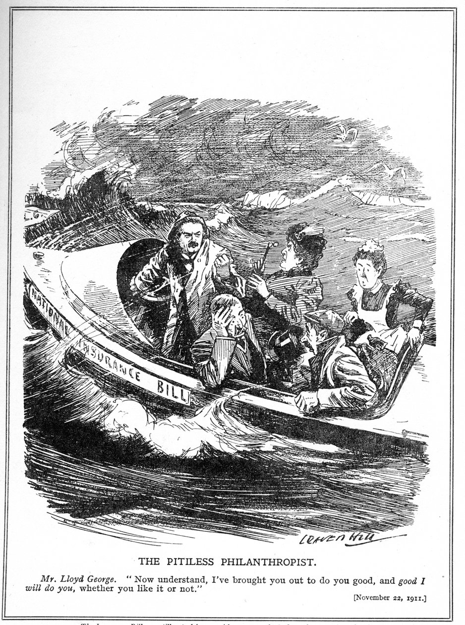Lloyd George, afbildet som en redningsbådsejler, møder modstand mod sin National Insurance Act, 1911 af Leonard Raven Hill