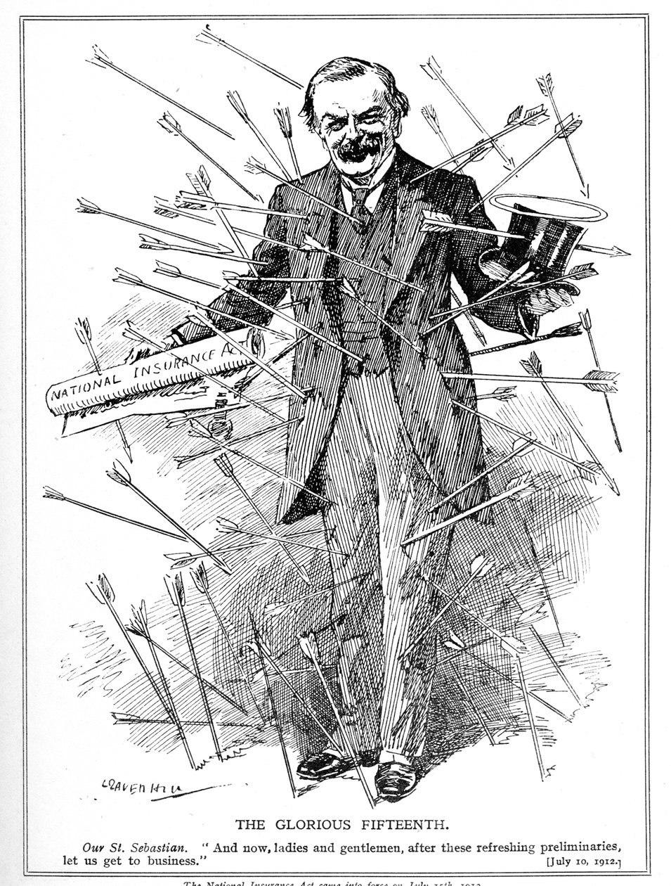 Lloyd George, afbildet som martyren, St. Sebastian, under angreb for sin National Insurance Act, som trådte i kraft den 15. juli 1912 Insurance Act, 1911 af Leonard Raven Hill