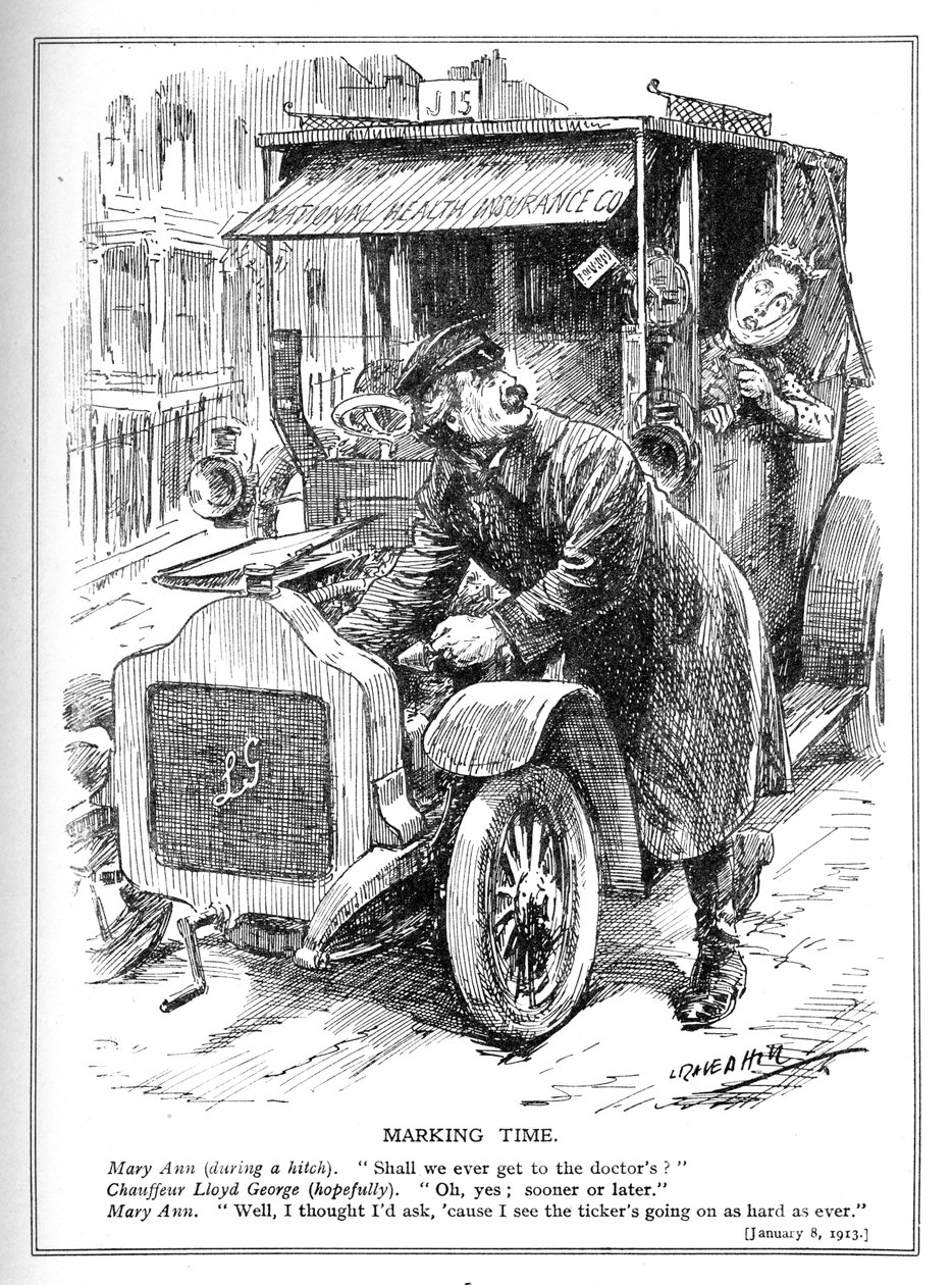 Lloyd George er forsinket med at tage en patient til lægen i henhold til hans National Health Insurance Act, 1913 af Leonard Raven Hill