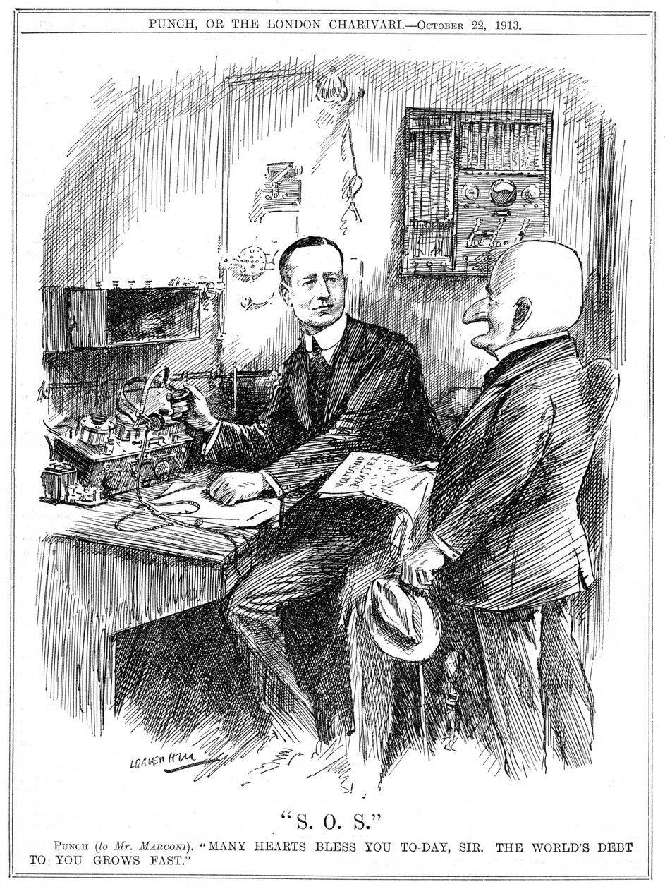 Punch takkede Marconi for trådløs telegrafi, der reddede liv til søs, 1913 af Leonard Raven Hill