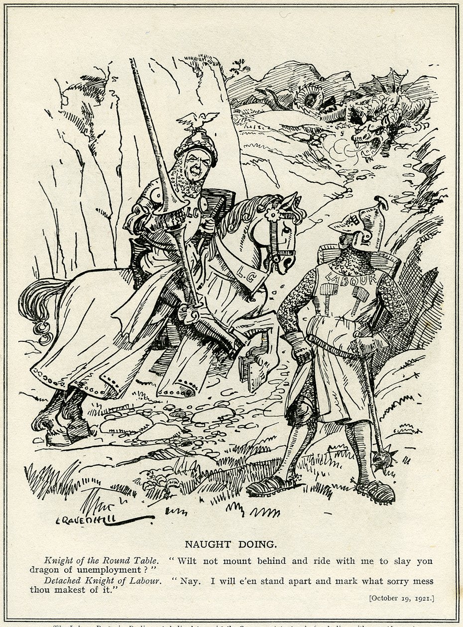 Labour-partiet nægter at slutte sig til Lloyd George i at dræbe arbejdsløshedens drage, 1921 af Leonard Raven Hill