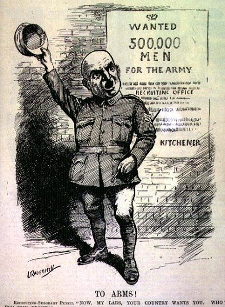 Til våben! Rekrutteringssergent Punch; "Nu, mine drenge, jeres land har brug for jer. Hvem er til fronten?" fra magasinet "Punch", Vol CXLVII p.195, pub. 2. september af Leonard Raven Hill