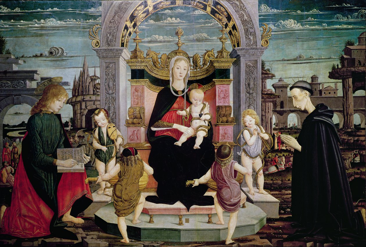 Jomfru og barn på tronen med Johannes Evangelisten og den salige Giacomo Bertoni af Leonardo I Scaletti