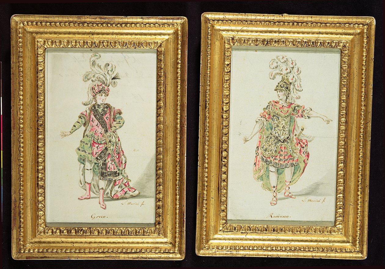 Design til en græsk og en romersk operakostume, ca.1770 (pen og blæk med wc på papir) af Leonardo Marini