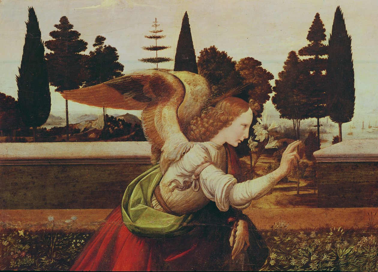 Angel Gabriel, detalje fra bebudelsen, 1472-75 (detalje af 140570) af Leonardo da Vinci