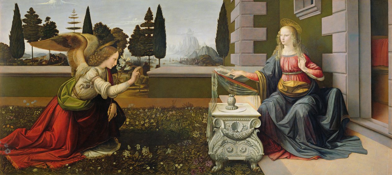Annunciation, 1472-75 (efter restaurering) af Leonardo da Vinci
