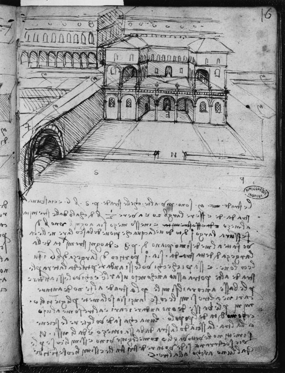 Arkitektskitse til en "ideel by", fol. 16 (recto) fra Paris Manuskript B, 1488-90 (pen og blæk på papir) af Leonardo da Vinci