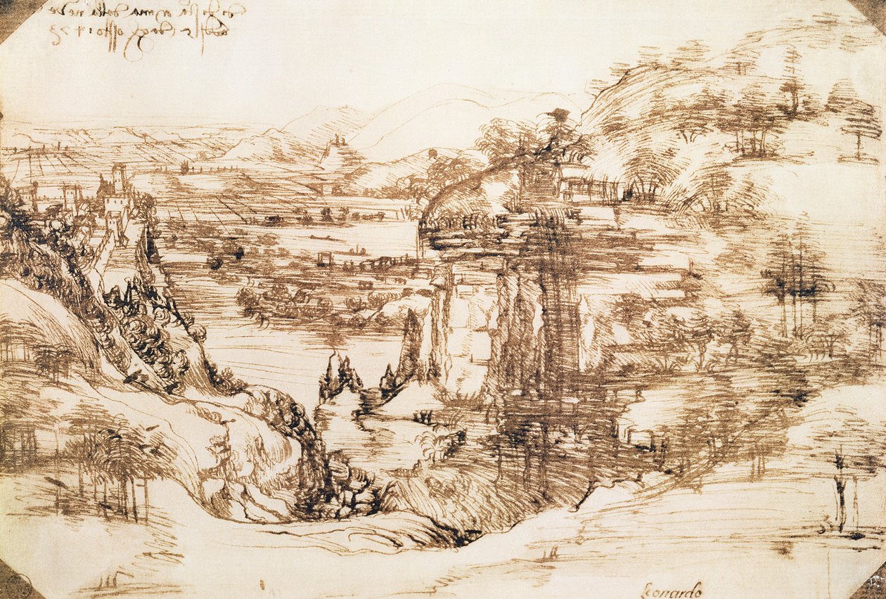 Arno Landskab, 5. august, 1473 (pen og blæk på papir) af Leonardo da Vinci