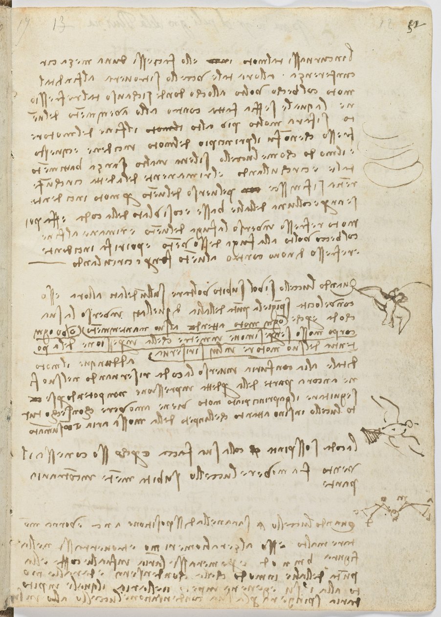 Fugleflyvningskode, ca. 1505-06, papirmanuskript, cc. 18, ark 12 recto af Leonardo da Vinci