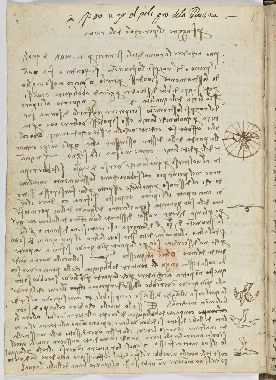 Fugleflyvningskode, ca. 1505-06, papirmanuskript, cc. 18, ark 12 verso af Leonardo da Vinci