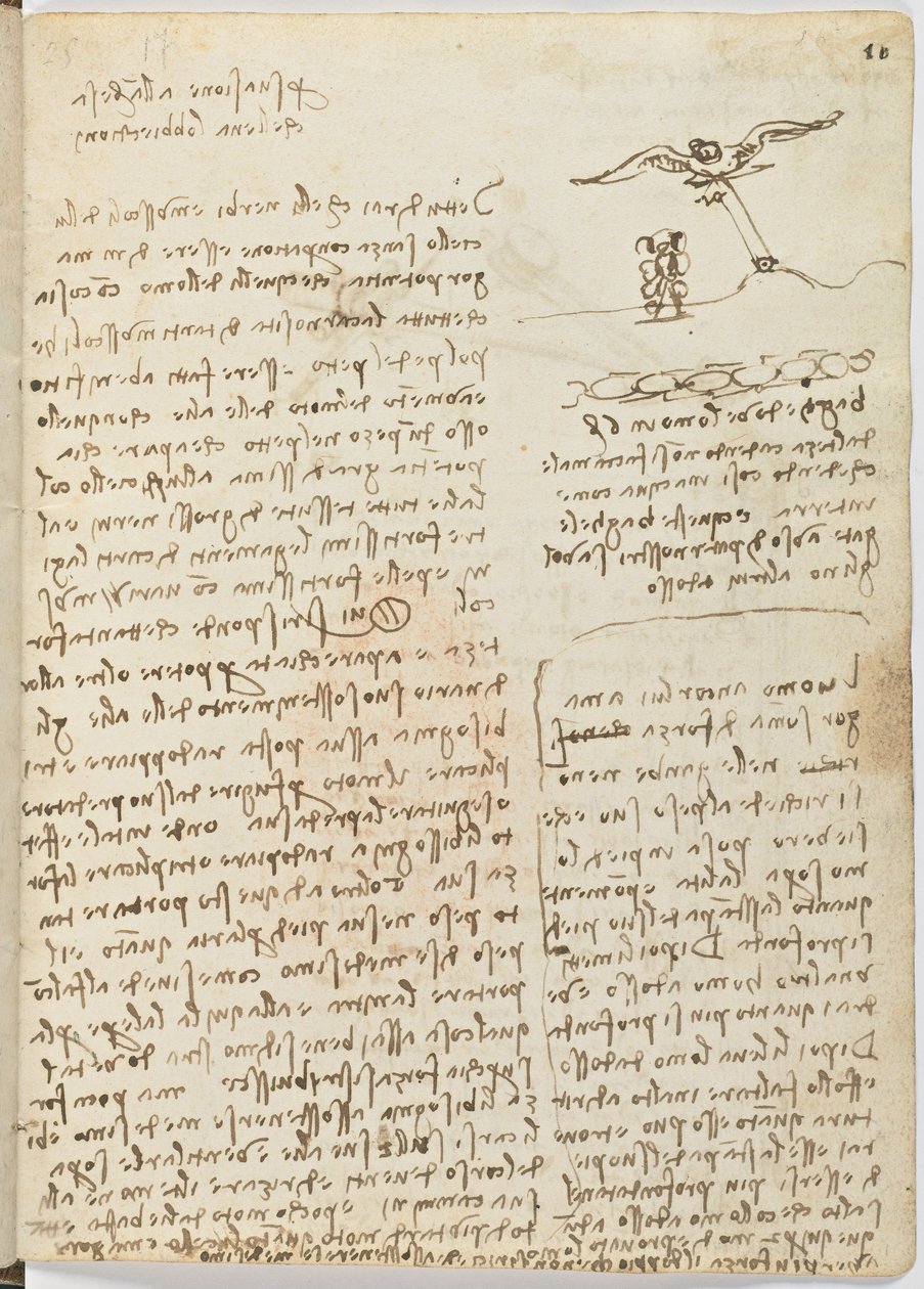 Fugleflyvningskode, ca. 1505-06, papirmanuskript, cc. 18, ark 16 recto af Leonardo da Vinci
