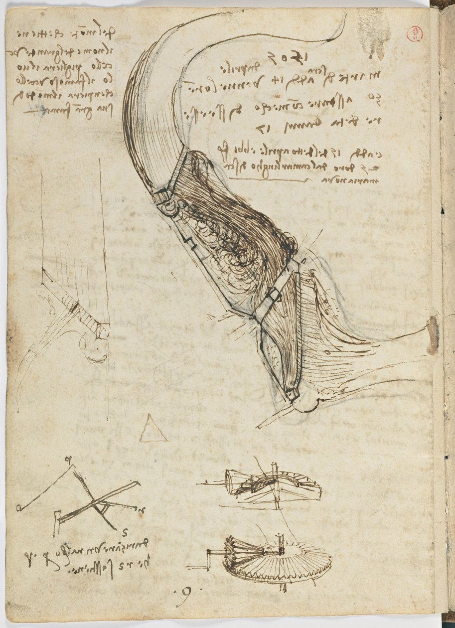 Fugleflyvningskode, ca. 1505-06, papirmanuskript, cc. 18, ark 18 verso af Leonardo da Vinci