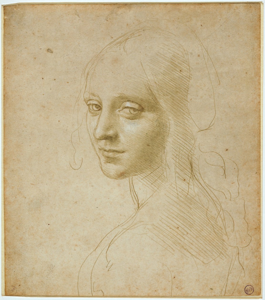 Buste af en jomfru, studie for "Klippernes Jomfru", ca. 1483-1485 (metalspids og hvid lak på klar okkerpapir) af Leonardo da Vinci
