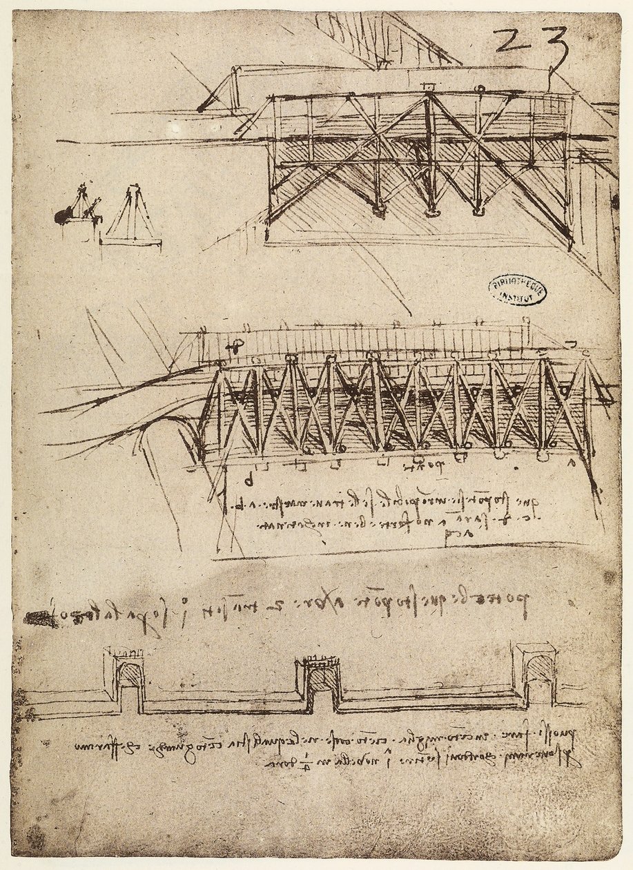 Codex B 2172 f.23r, Design til broer, af Leonardo da Vinci