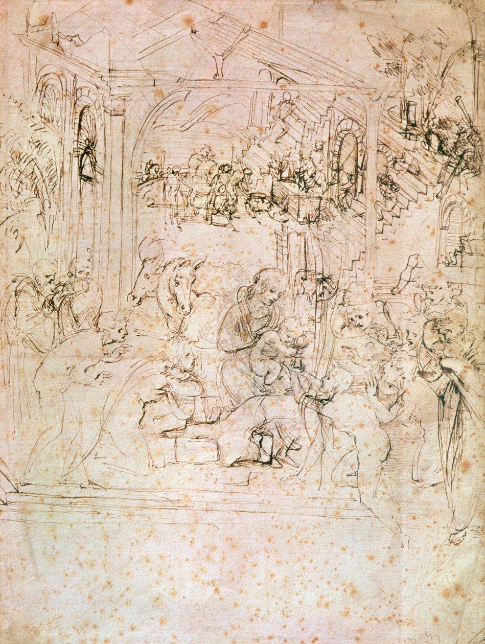 Kompositionsskitse til The Adoration of the Magi, 1481 (pen og blæk på papir) af Leonardo da Vinci