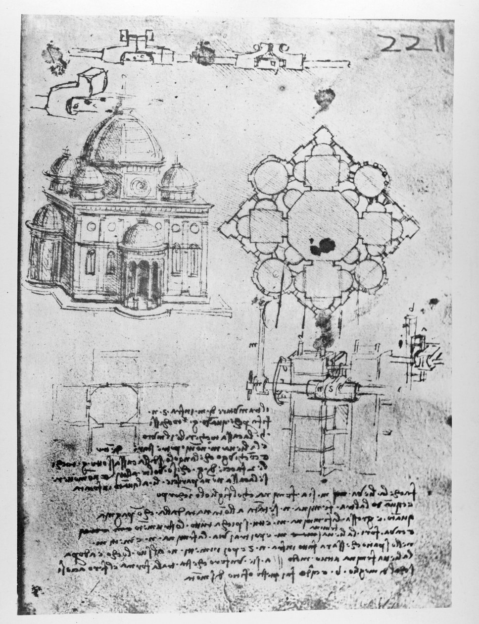 Design til en kirke, fol. 4r af Leonardo da Vinci