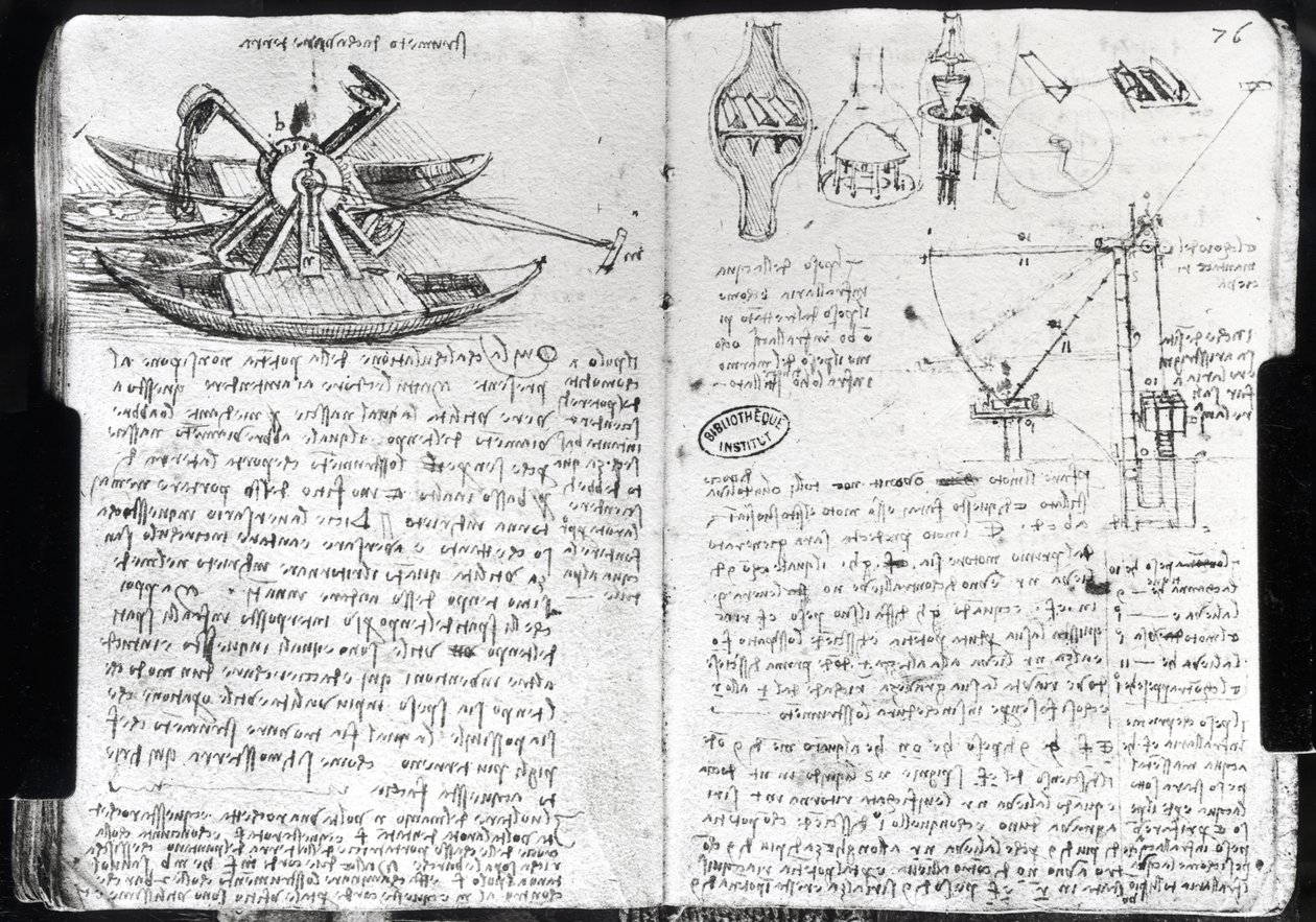 Design til en opgraver og diverse hydrauliske maskiner, fol. 75v og 76r fra Paris Manuscript E, 1513-14 (pen og blæk på papir) af Leonardo da Vinci