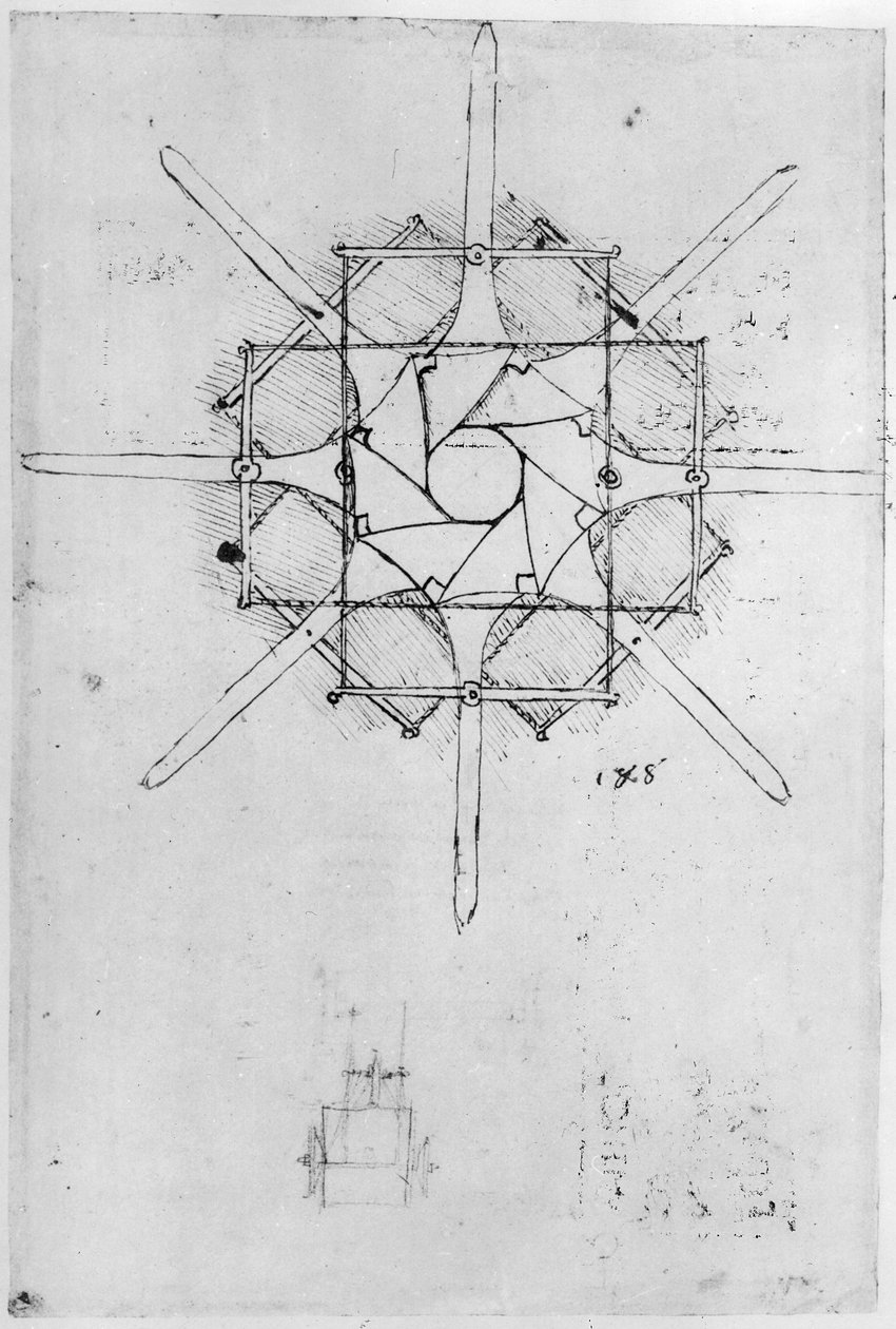 Design til et sammenklappeligt Capstan-håndtag, Fol. 376v-c (pen og blæk på papir) af Leonardo da Vinci