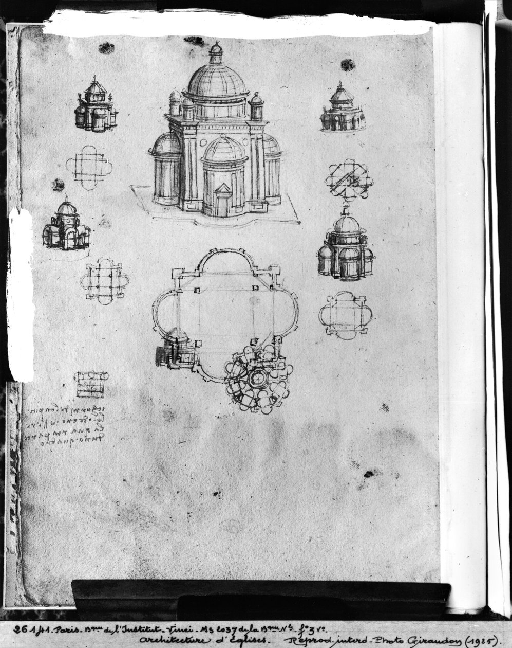 Tegninger til en centralt planlagt kirke, fol. 3v fra Codex Ashburnham I og II (tidligere en del af Manuscript B (2184)), ca. 1492 af Leonardo da Vinci