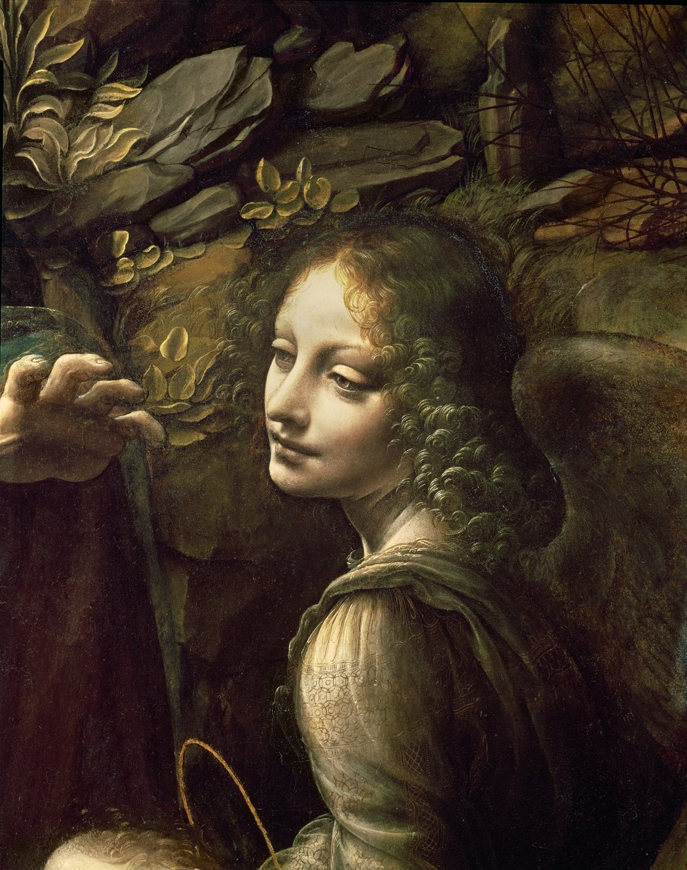 Detalje af englen, fra The Virgin of the Rocks (Jomfruen med spædbarnet St. John tilbeder spædbarnet Kristus ledsaget af en engel), ca. 1508 af Leonardo da Vinci