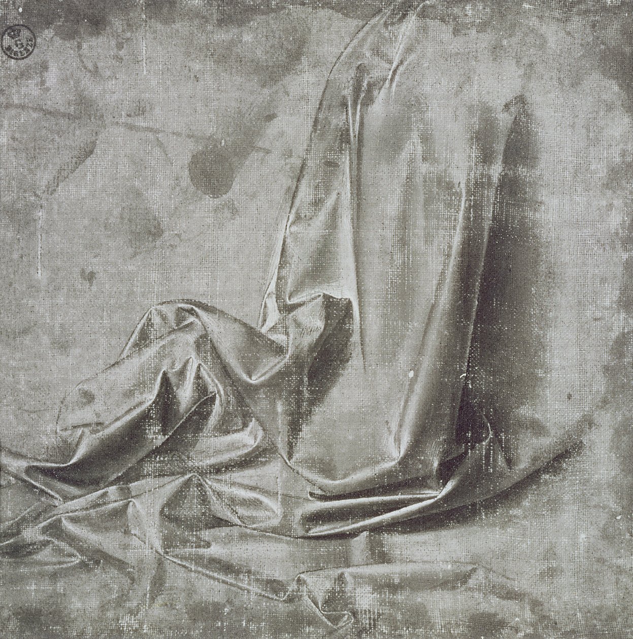Draperistudium til en knælende figur i Profil Perdu til højre, ca. 1472-75 (pensel og gråt tempera med hvidt på lærred) af Leonardo da Vinci